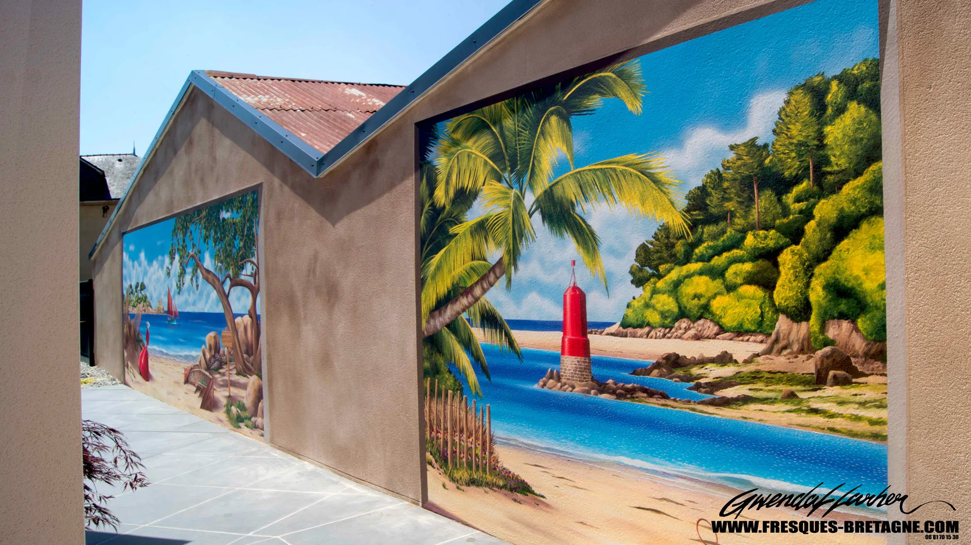 Fresque en trompe-l'œil, décoration d'un mur mitoyen à Bédée